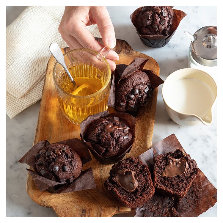 Chocolademuffin gevuld met choco en hazelnoten